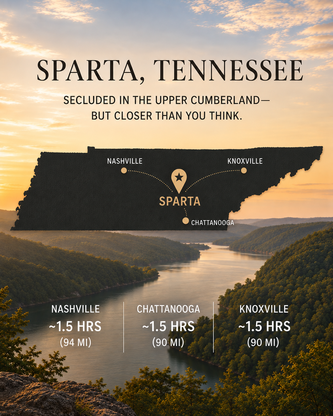 Map showing Sparta about one and a half hours from Nashville, Chattanooga, and Knoxville